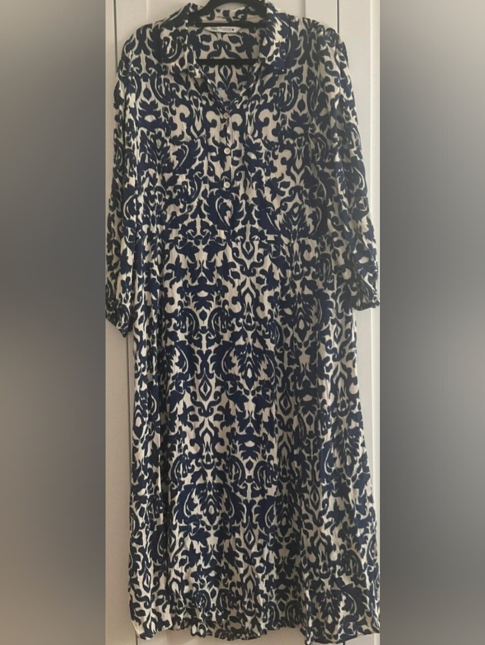 Zara Navy and White Printed Midi Dress